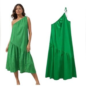 New Zara VIRAL Asymmetrical Tier Seam Cotton Tie Shoulder Kelly Green Dress